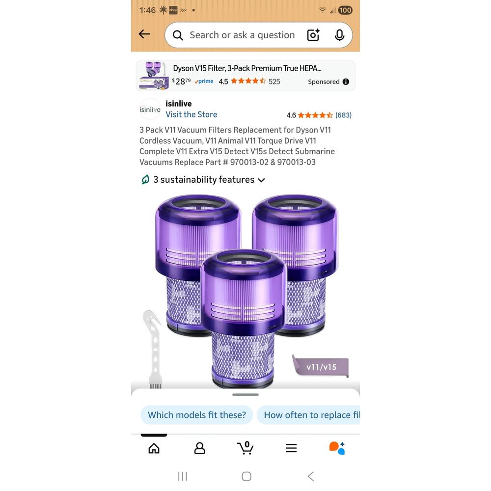 3 Pack V11 Vacuum Filters Replacement for Dyson V11 Cordless Vacuum